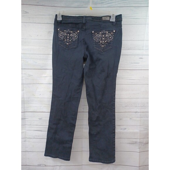 Earl Womens Petite 6P Black Jeans Rhinestone Embroider Pocket Straight Leg - Picture 1 of 8